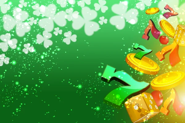 Şanslı yedili, casino dice ve görüntüleyiciyi bir yonca desen arka planda uçan para