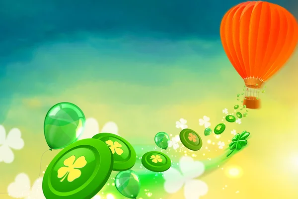 Hot air balloon with casino chips, clovers and balloons flying from — Stock Photo, Image