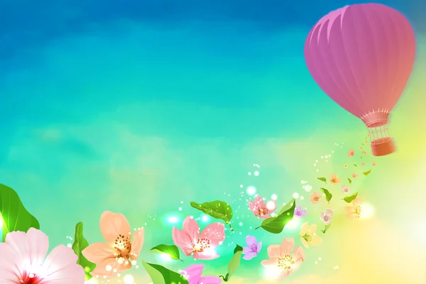 Spring Hot air balloon with flowers flying from — Stock Photo, Image
