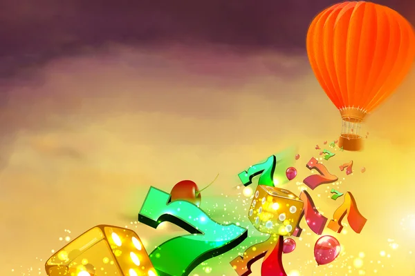 Hete luchtballon met dobbelstenen, gelukkige Zevens en ballonnen vliegen van — Stockfoto