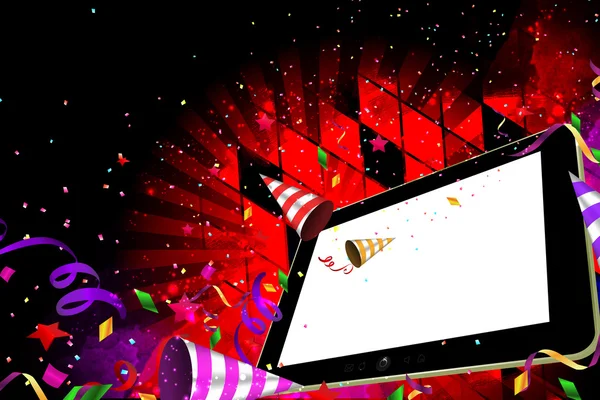 Bir Tablet Pc partiden dökülmeye konfeti, flamalar ve parti boynuz