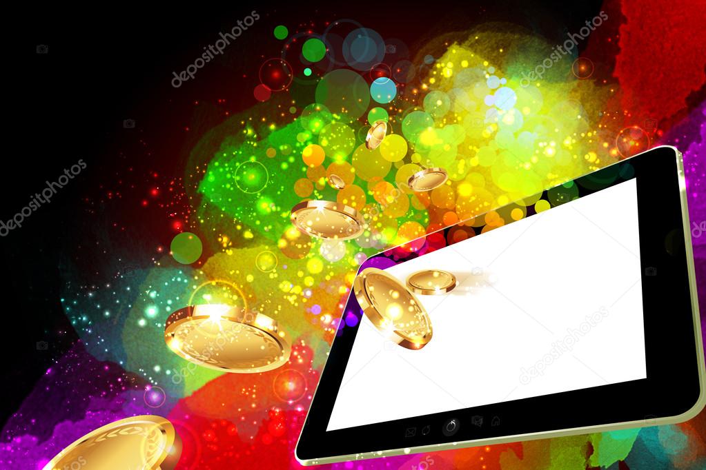Money falling out of the tablet pc screen leading to success