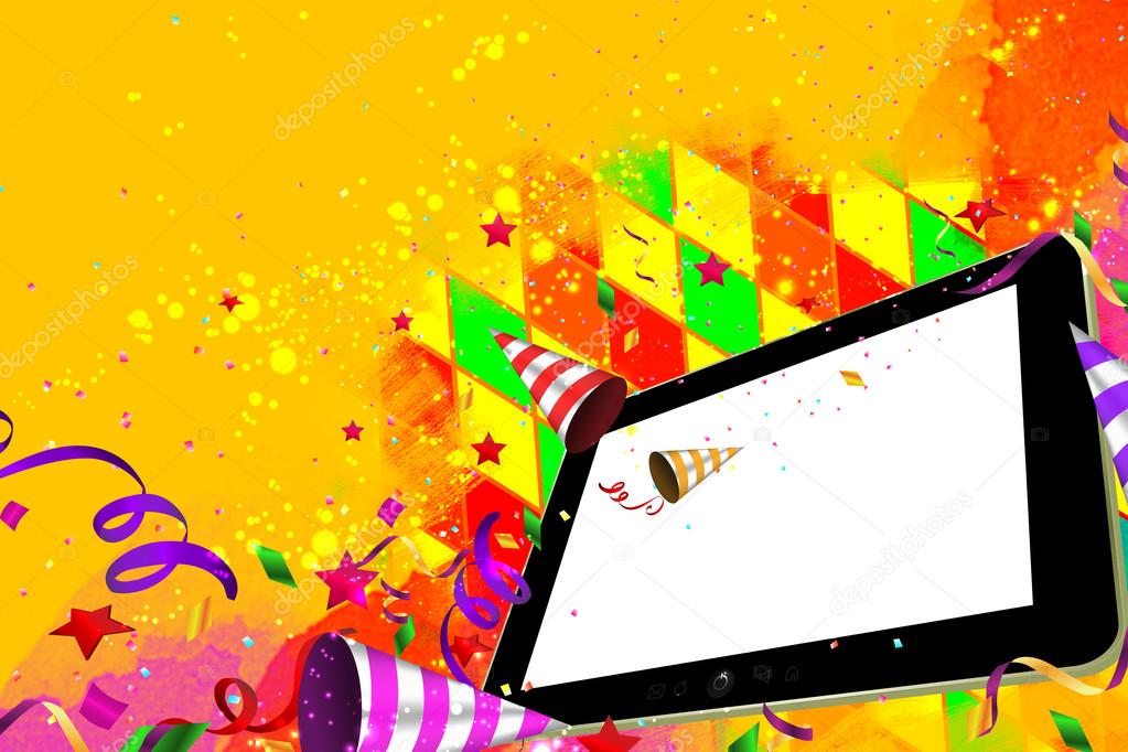 Confetti, streamers and party horn falling out from a Tablet PC party