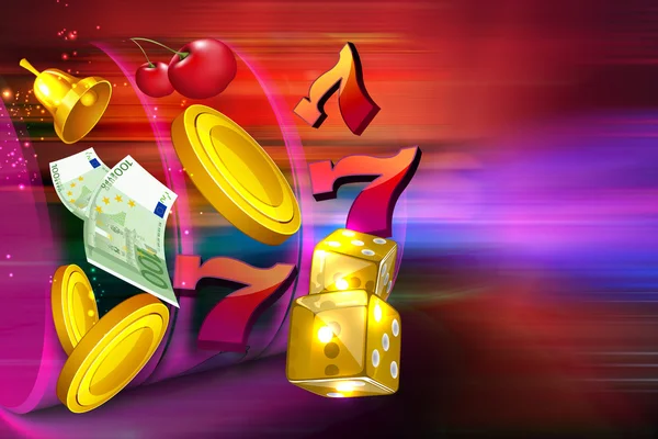 Coins, dollars, chips, lucky seven and dice flying out form a Casino Slot machine — Stock Photo, Image