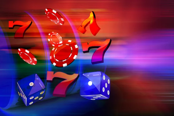 Mynt, dollar, chips, lucky seven och dice flyger ut form en Casino spelmaskin — Stockfoto