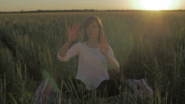 Женщина в поле делать жесты для cgi плоский цвет — стоковое видео