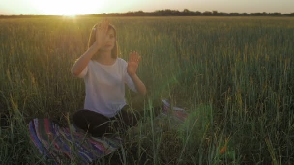 Mulher no campo fazer gestos ao pôr do sol — Vídeo de Stock