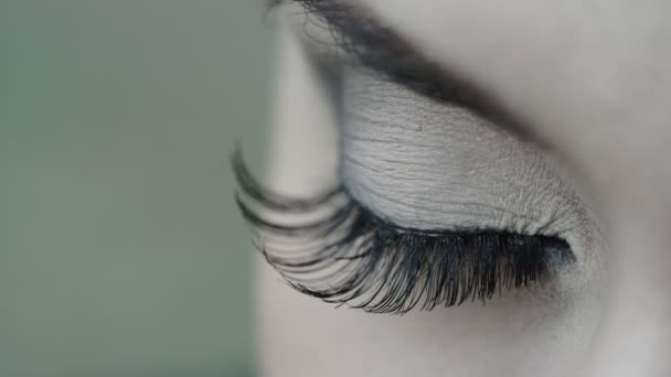 Feminino abre seus olhos verdes com maquiagem de cílios longos — Vídeo de Stock