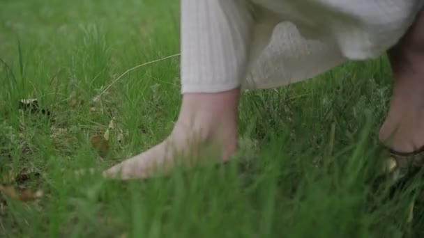 Unga kvinnors fötter gå på gräset — Stockvideo