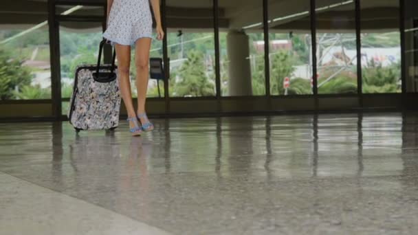 Jambes de jolie femme avec des bagages et vêtue de chaussures de haute montagne et robe — Video