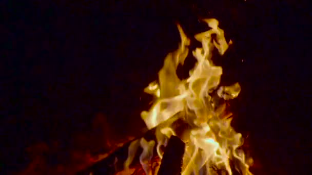 Feu de camp en bois éclatant la nuit d'été avec des étincelles 