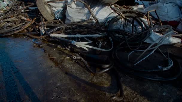 Old Red Car in Junkyard Awaits For Recycling — Stock Video