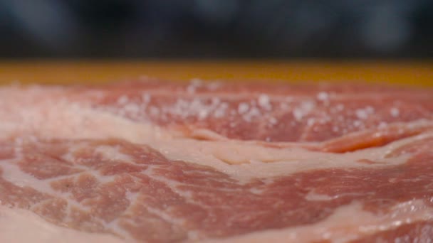 Bife de carne polvilhado com sal — Vídeo de Stock
