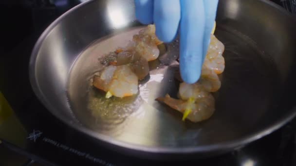 Chef Cooking Shrimps on Frying Pan — Stock Video