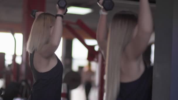 Vista trasera de dos mujeres rubias levantan pesas en el gimnasio — Vídeo de stock