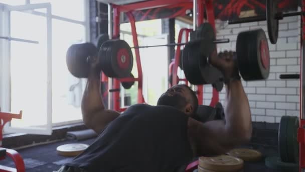 Uomo afroamericano bodybuilder che esegue stampa Bench con manubri in palestra — Video Stock