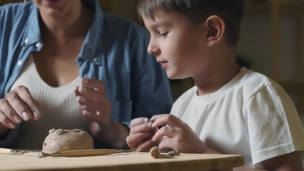 Mère et fils jouent avec l'argile à la maison — Video