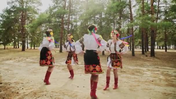 Jovens mulheres em trajes tradicionais estão dançando danças nacionais ucranianas — Vídeo de Stock