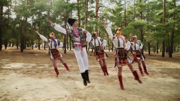 Vier junge Frauen und ein Mann in traditioneller Tracht tanzen ukrainische Nationaltänze — Stockvideo