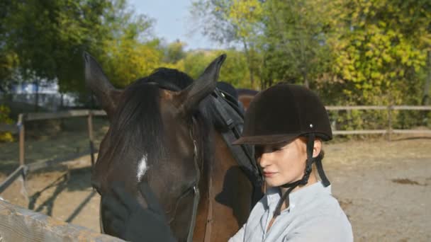 Жінка вершник в одязі і шолом погладжує коня і дивиться на камеру — стокове відео