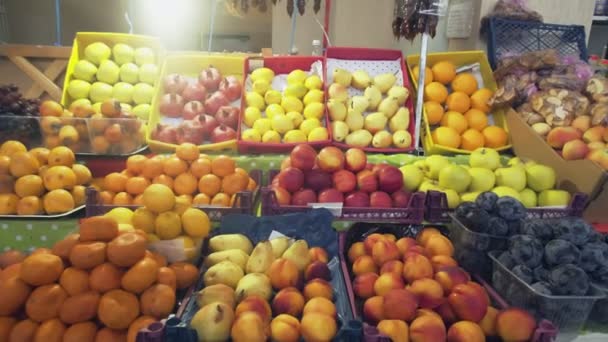 Muchas frutas y bayas en el mostrador en el mercado — Vídeos de Stock