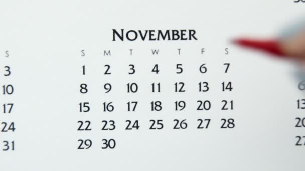 День женского круга в календаре с красным маркером. Планировщик и организатор бизнес-календаря. 4 ноября — стоковое видео