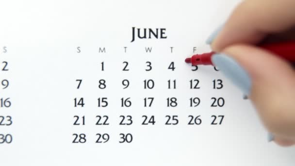 Giorno di cerchio di mano femminile in data di calendario con un marcatore rosso. Business Nozioni di base Wall Calendar Planner e organizzatore. 5 giugno — Video Stock
