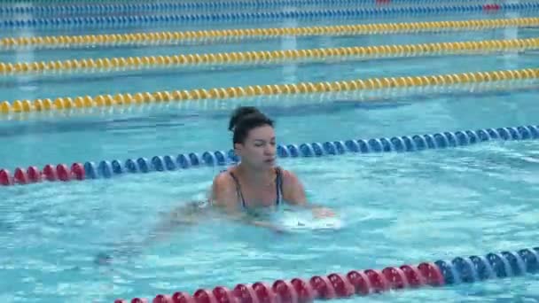 Mujer entrenamiento aqua gimnasia con mancuernas de espuma de poliestireno en la piscina. — Vídeos de Stock