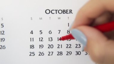 Takvimde kırmızı kalemli bir kadın el çemberi günü. İş Temel Duvar Takvimi Planlayıcı ve Düzenleyici. 14 Ekim