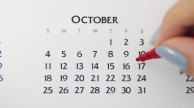 Takvimde kırmızı kalemli bir kadın el çemberi günü. İş Temel Duvar Takvimi Planlayıcı ve Düzenleyici. 17 Ekim