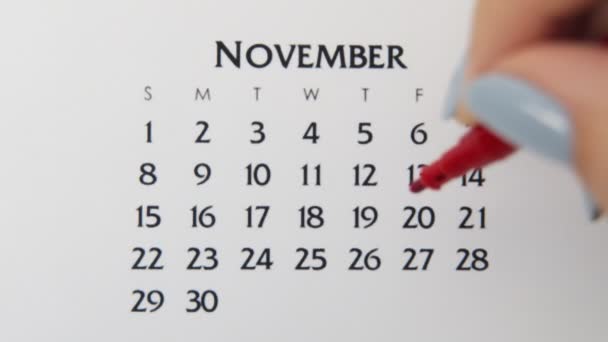 赤いマーカーでカレンダー日付の女性の手の円の日。ビジネスの基本壁カレンダープランナーと主催者。11月20日 — ストック動画