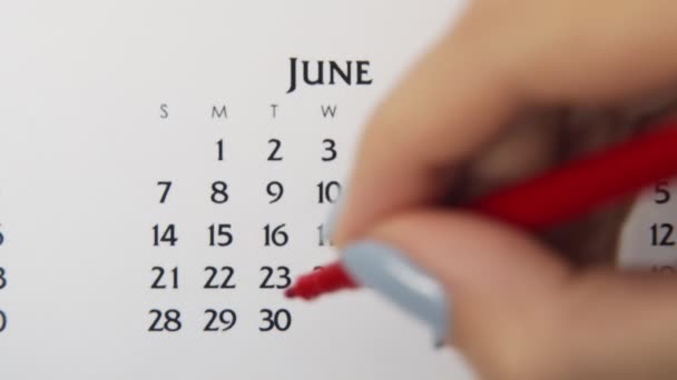 Dia círculo mão feminino em data de calendário com um marcador vermelho. Noções básicas de negócios Wall Calendar Planner and Organizer. 22 de Junho — Vídeo de Stock