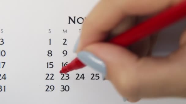 Kobiecy dzień kółka w dniu kalendarzowym z czerwonym markerem. Podstawy biznesu Kalendarz ścienny Planer i Organizator. 23 listopada. — Wideo stockowe