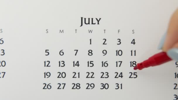 Dia círculo mão feminino em data de calendário com um marcador vermelho. Noções básicas de negócios Wall Calendar Planner and Organizer. 25 de Julho — Vídeo de Stock