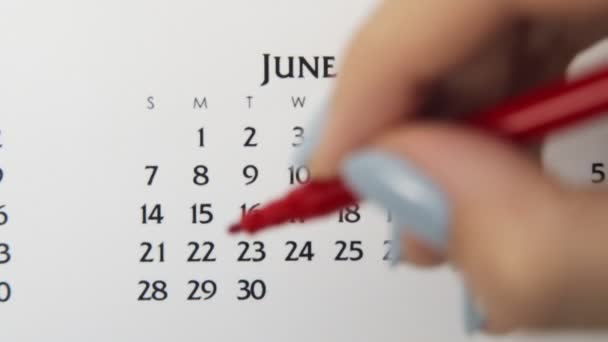 Kvinnlig hand cirkel dag i kalenderdatum med en röd markör. Business Basics Wall Calendar Planerare och arrangör. 29 juni. — Stockvideo