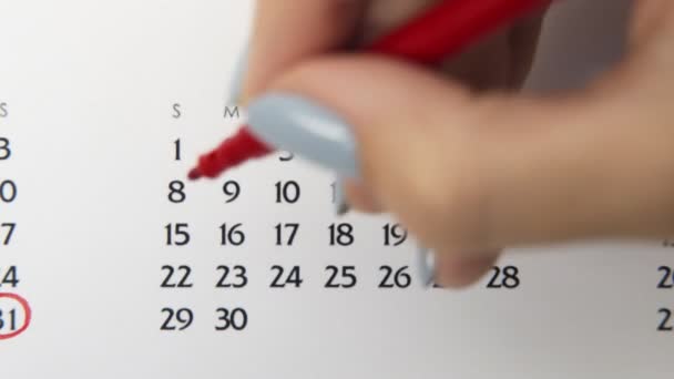 Kobiecy dzień kółka w dniu kalendarzowym z czerwonym markerem. Podstawy biznesu Kalendarz ścienny Planer i Organizator. 15 listopada. — Wideo stockowe