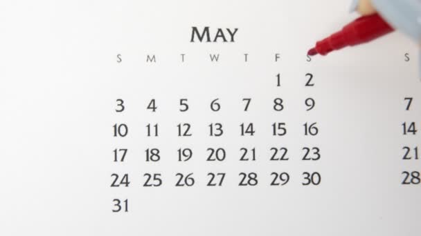 Día de círculo de la mano femenina en la fecha del calendario con un marcador rojo. Conceptos básicos de negocio Wall Calendar Planner and Organizer. 2 de mayo — Vídeos de Stock