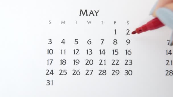 Kobiecy dzień kółka w dniu kalendarzowym z czerwonym markerem. Podstawy biznesu Kalendarz ścienny Planer i Organizator. 9 maja — Wideo stockowe