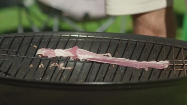 Griller le bacon sur la grille. Les amis campent le week-end. — Video