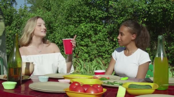 Young women sits at the table outdoors, they clink cups and drinks — Stock Video