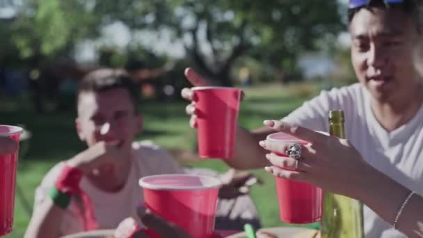 Happy young friends having fun together drinking beer and clinking paper cups outdoors picnic — Stock Video