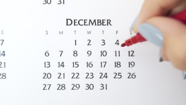 Día de círculo de la mano femenina en la fecha del calendario con un marcador rojo. Conceptos básicos de negocio Wall Calendar Planner and Organizer. 11 de diciembre — Vídeo de stock
