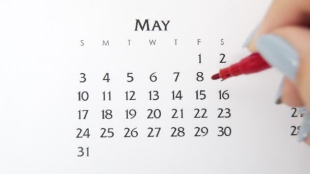 Vrouwelijke handcirkeldag in kalenderdatum met een rode stift. Business Basics Wall Calendar Planner en Organisator. 15 mei — Stockvideo