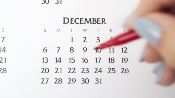 Vrouwelijke handcirkeldag in kalenderdatum met een rode stift. Business Basics Wall Calendar Planner en Organisator. 15 december — Stockvideo