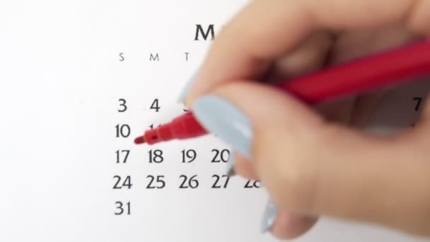 Día de círculo de la mano femenina en la fecha del calendario con un marcador rojo. Conceptos básicos de negocio Wall Calendar Planner and Organizer. 17 de mayo — Vídeos de Stock