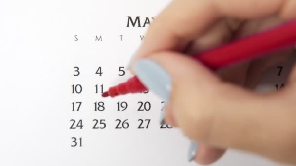 赤いマーカーでカレンダー日付の女性の手の円の日。ビジネスの基本壁カレンダープランナーと主催者。5月18日 — ストック動画