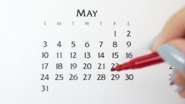Día de círculo de la mano femenina en la fecha del calendario con un marcador rojo. Conceptos básicos de negocio Wall Calendar Planner and Organizer. 28 de mayo — Vídeo de stock