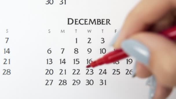 赤いマーカーでカレンダー日付の女性の手の円の日。ビジネスの基本壁カレンダープランナーと主催者。12月29日 — ストック動画