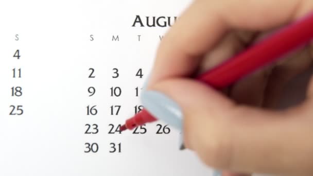 Día de círculo de la mano femenina en la fecha del calendario con un marcador rojo. Conceptos básicos de negocio Wall Calendar Planner and Organizer. 31 de agosto — Vídeo de stock