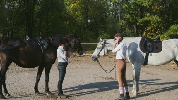 Dos jinetes femeninos en ropa de montar y cascos se preparan para montar a caballo — Vídeo de stock